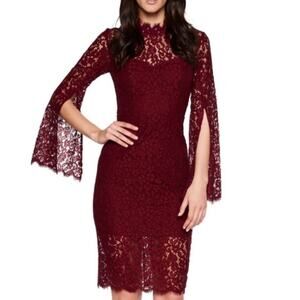 Bardot Sienna Burgundy Lace Split Sleeve High Neck Dress